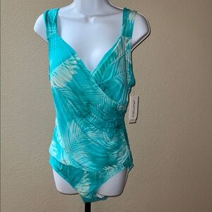 NWT Jantzen Women’s Teal White One Piece Ruched Tummy Control Swimsuit Size 14